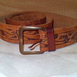 Vintage Rustic Tooled Embossed Leather Belt Boho Western Festival Style 34 in.